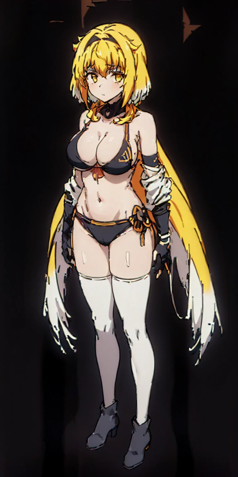 ((BLACK BACKGROUND1:2)) masterpiece, best quality, high quality, 1solo white SKIN, long hair, blonde hair, yellow eyes, full body, black bikini, looking at viewer, shiny, black thighhighs, high boots,shoulder armor, faulds, poleyn, gloves, gauntlets, FEET TOGETHER STANDING SYMMETRICAL, Roxxane female big knockers bikini