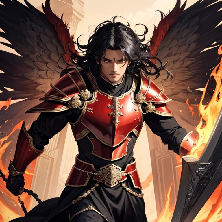 A devout male cleric, human Black, exuding an aura of goodness and righteousness, possesses the incredible ability to heal wounds and command the fierce element of fire. He dons a majestic sword, glinting with divine power, and is adorned in a formidable suit of armor that combines the colors of red and black, symbolizing both strength and resilience. His face, devoid of a helmet, is revealed to the world, displaying a countenance that radiates with unwavering determination. In his grip, he holds a sturdy steel shield, emanating a crimson glow that serves as a testament to his unwavering loyalty. Adorning his back are magnificent red angel wings, adding a touch of majestic splendor to his noble presence. His fiery