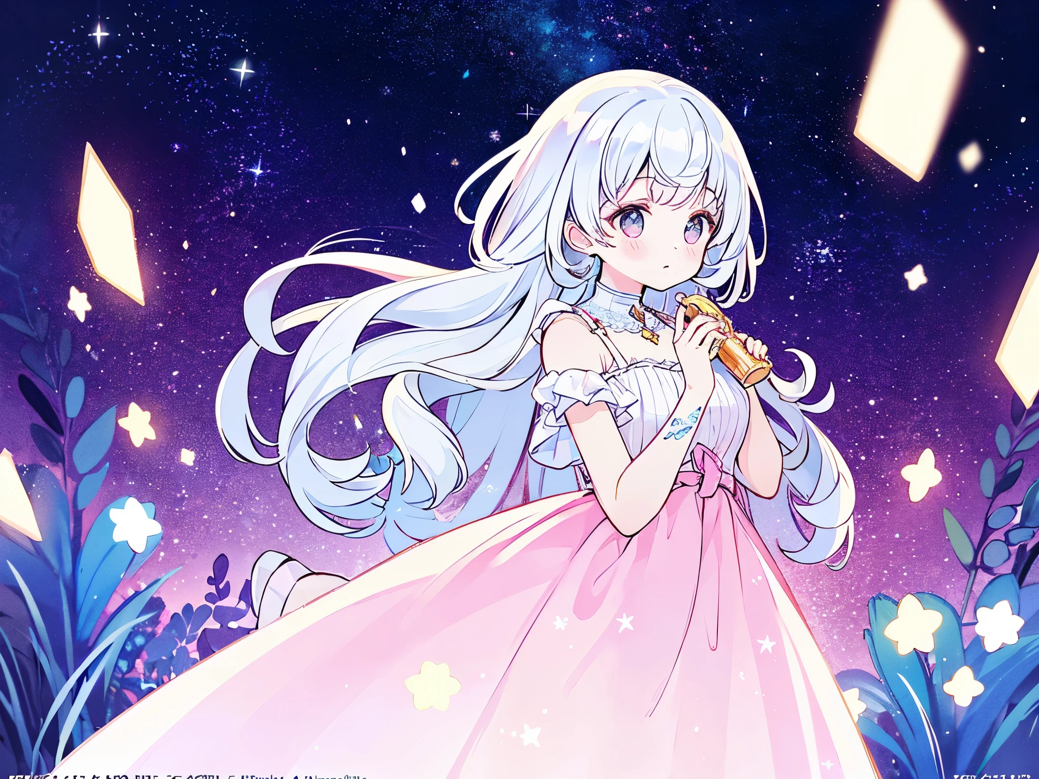complex background, wishing star background, a woman wearing an ethereal mystical pink translucent dress that reflects the stars, perfume promo art, mystic, complex drawing, highly detailed, Covergirl brand, promo art, artistic rendition, ethereal, starry night, midjourney style