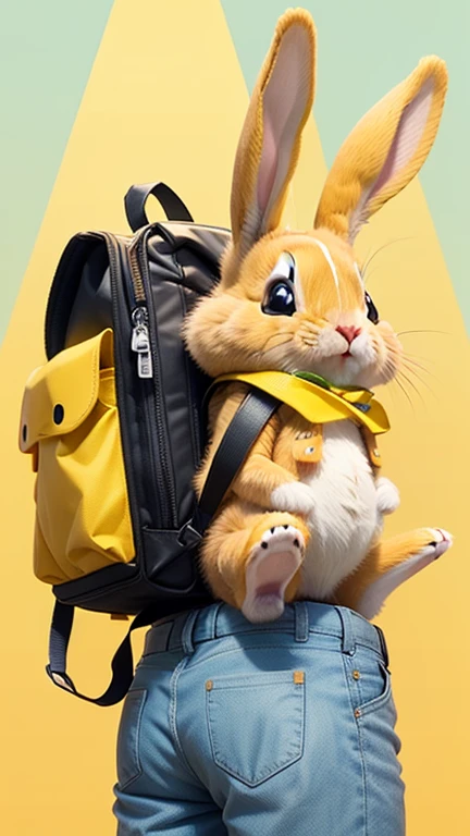 The cute little yellow rabbit jumps a few times with a small backpack on its back