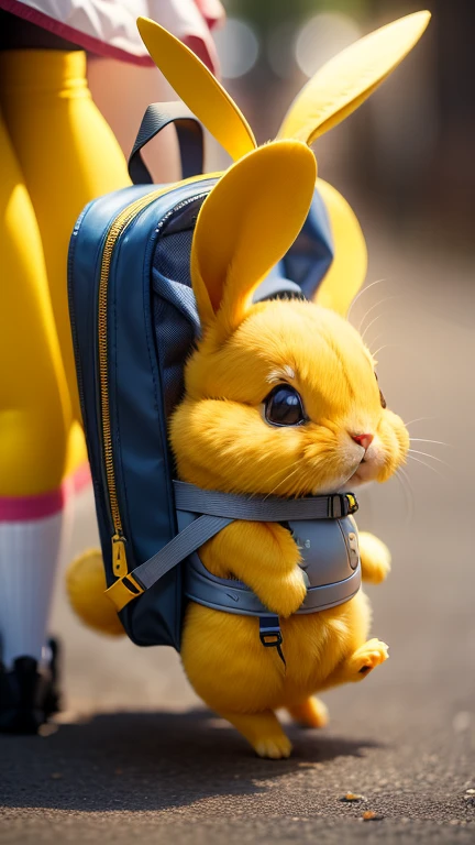 The cute little yellow rabbit jumps a few times with a small backpack on its back