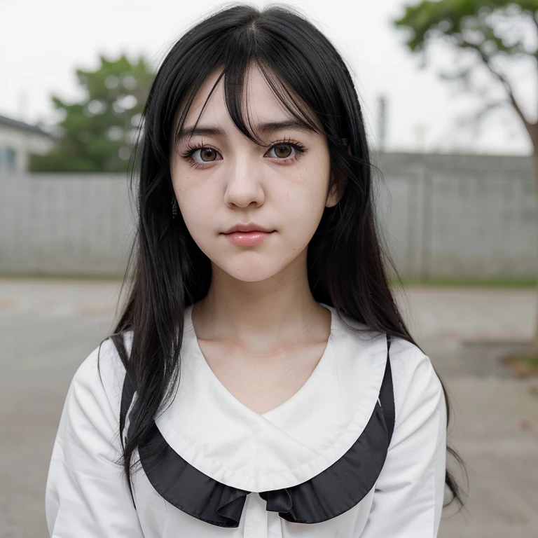 Anime girl with black hair and white skin, her face is serious, a small smile, dark eyeliner line, and her nose is small and beautiful, wearing white school clothes.