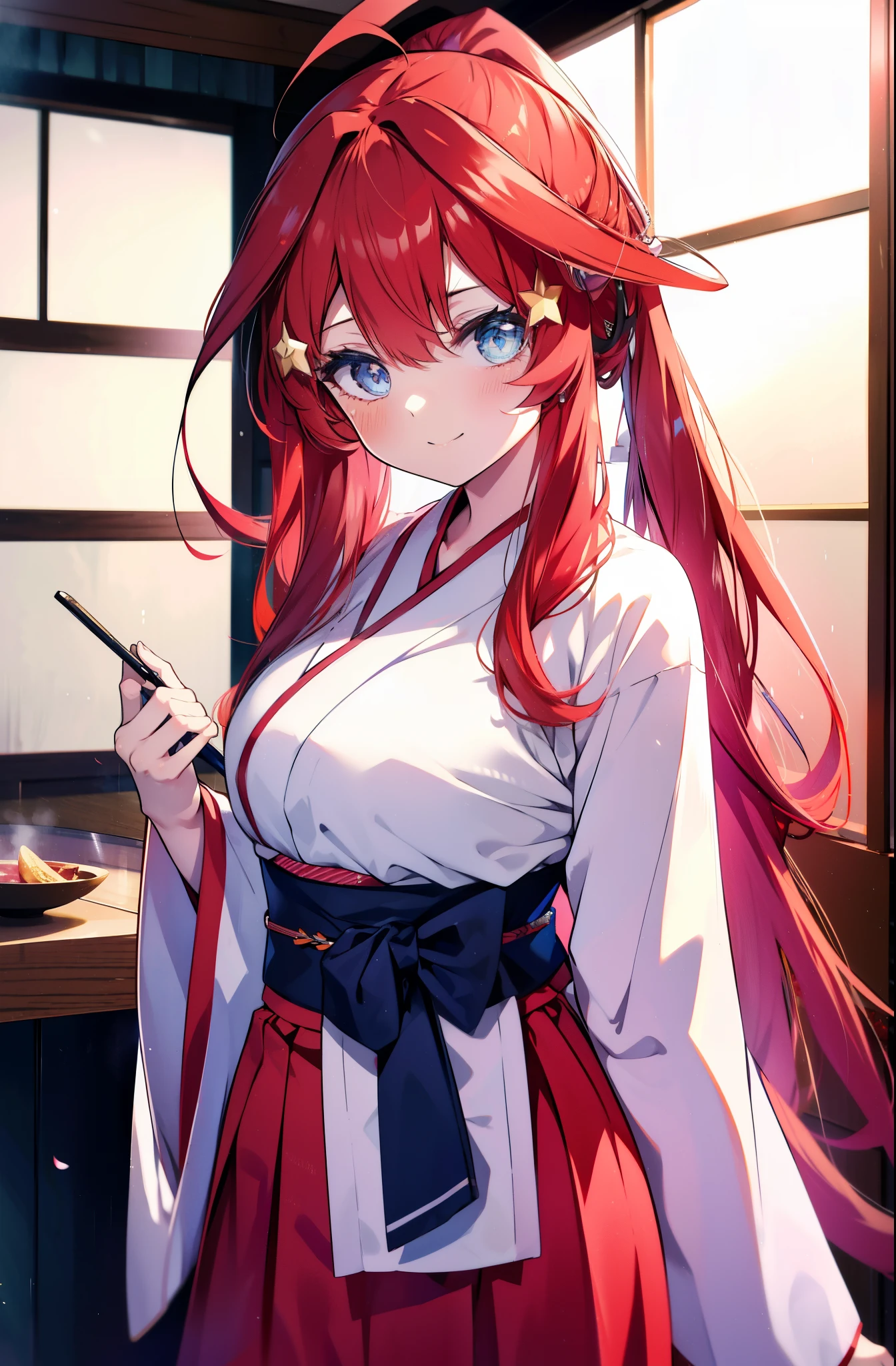 itsukinakano, itsuki nakano, bangs, blue eyes, hair between eyes, Ahoge, redhead, star \(symbol\), hair ornaments, star hair ornaments,happy smile, smile, open your mouth,Platycodon,Miko, white kimono,red hakama, kimono, same as skirt, wide sleeve, long sleeve, ribbon trim sleeves, There is a lot of food on the table, トレイ in one hand,
very long hair, 鈍いbangs, low ponytail,
break indoors, China Hotel,
break looking at viewer, (cowboy shot:1.5),
break (masterpiece:1.2), highest quality, High resolution, unity 8k wallpaper, (figure:0.8), (detailed and beautiful eyes:1.6), highly detailed face, perfect lighting, Very detailed CG, (perfect hands, perfect anatomy),
