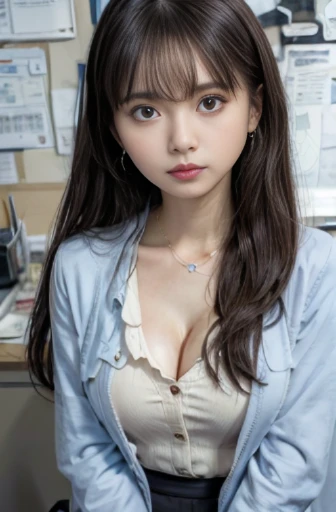 1 girl, japanese model, medium straight hair, Silver-colored inner hair bangs, (pale skin:1.1),cute beautiful girl,big breasts, A simple, earnest and innocent girl, Innocent feelings, focus on face, land angle, random pose, plain simple white cotton school shirt, plaid school miniskirt, at school, Are standing, (open shirt:1.35), (Showing off her black see-through bra:1.45), table top, highest quality, 8K, become familiar with, become familiar with face, skin and hair, High resolution, perfect anatomy, Physically based rendering, realistic, symmetrical clear eyes, well-groomed face,