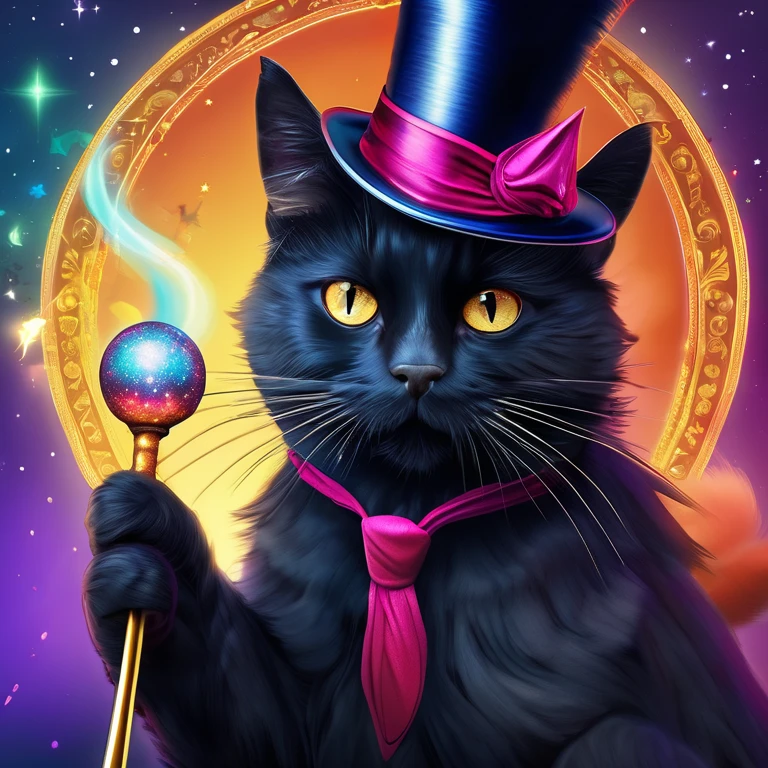 (best quality,4K,8K,high resolution,masterpiece:1.2),Super detailed,(actual,photoactual,photo-actual:1.37),a whimsical illustration,Black Cat as Magician,put on top hat,holding a magic wand,rotate,colorful spell,Enchantment