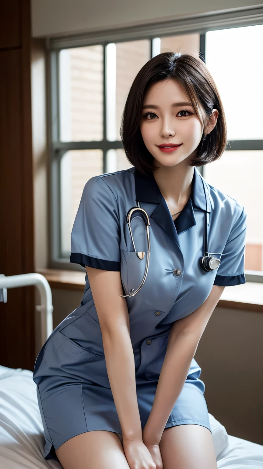 (1 Ultimate Beautiful Mature Nurse)、hyperdetailed face、Detailed lips、detailed eyes、double eyelids、((Black bob hair))、(nurse's uniform:1.3)、(Glamorous body)、(Huge breasts)、smile、thighs thighs thighs thighs, Perfect fit, Perfect image realism, Background with: (Hospital Patient Rooms:1.2), Cowboy Shot, Meticulous background with, detailed costume, Perfect litthing、Hyper-Realism、(Photorealsitic:1.4)、8K maximum resolution, (masterpiece), highly detailed, Professional