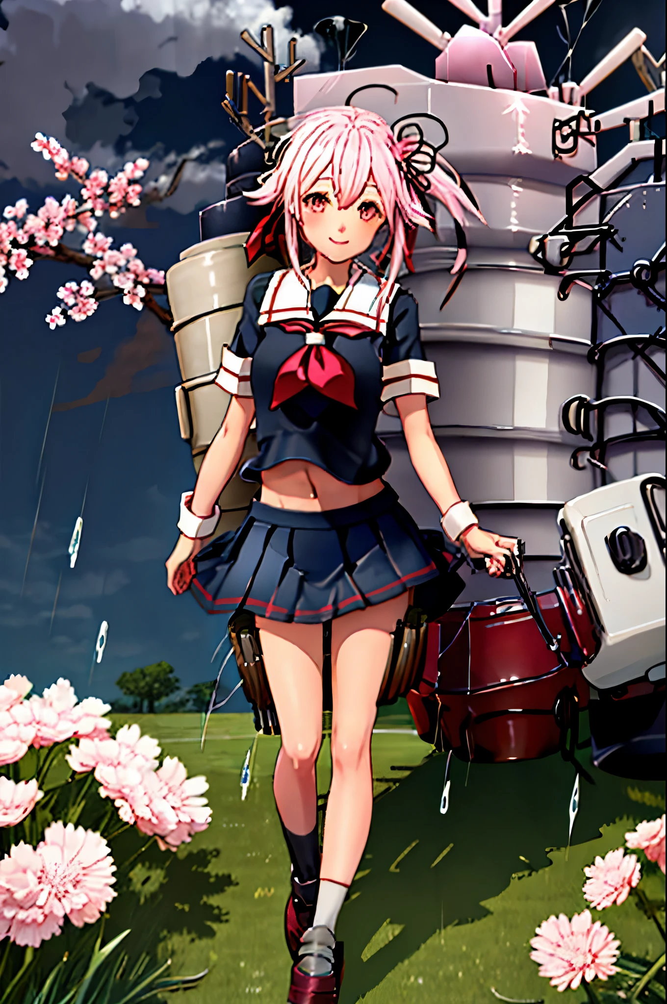 highest quality, masterpiece, High resolution, 1 girl, Spring rain (KanColle)(Spring rain 艦隊これくしょん:1.15), brown hair, red eyes,  smile, slender body, full body figure,pink hair, side ponytail, (black sailor uniform), pleated skirt, classroom background, slender body, full body figure, 