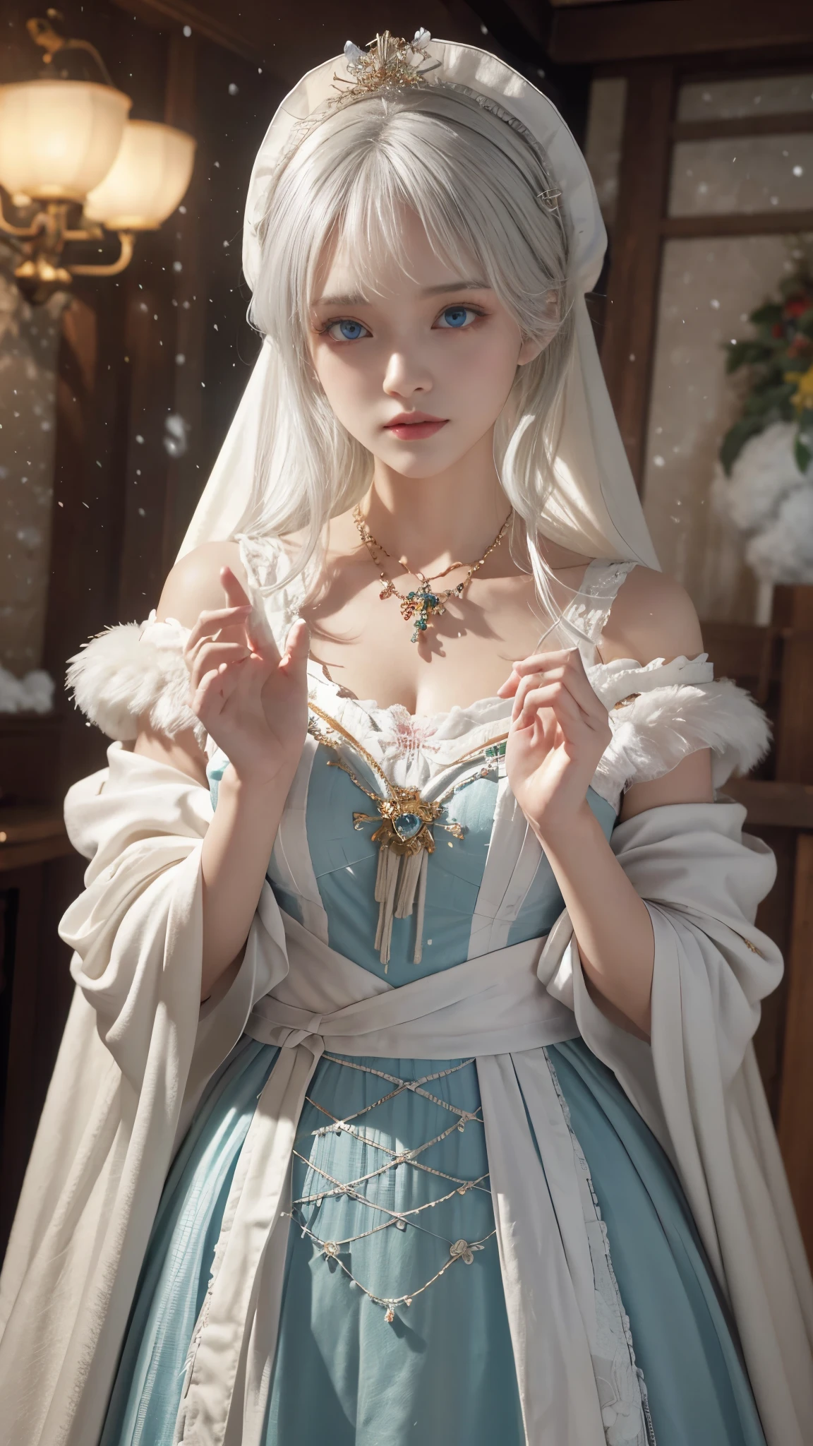 ((best qualtiy)), ((tmasterpiece)), (the detail:1.4), 3D,Ray traching,NVIDIA RTX,Hyper-Resolution,Unreal 5,Subsurface scattering、PBR Texture、post-proces、Anisotropy Filtering、depth of fields、maximum definition and sharpness、 high resolution,(Gorgeous Lolita costume)， Beautiful eyes, White hair, ringed eyes, (Cloak，snowfield，Heavy snowfall)