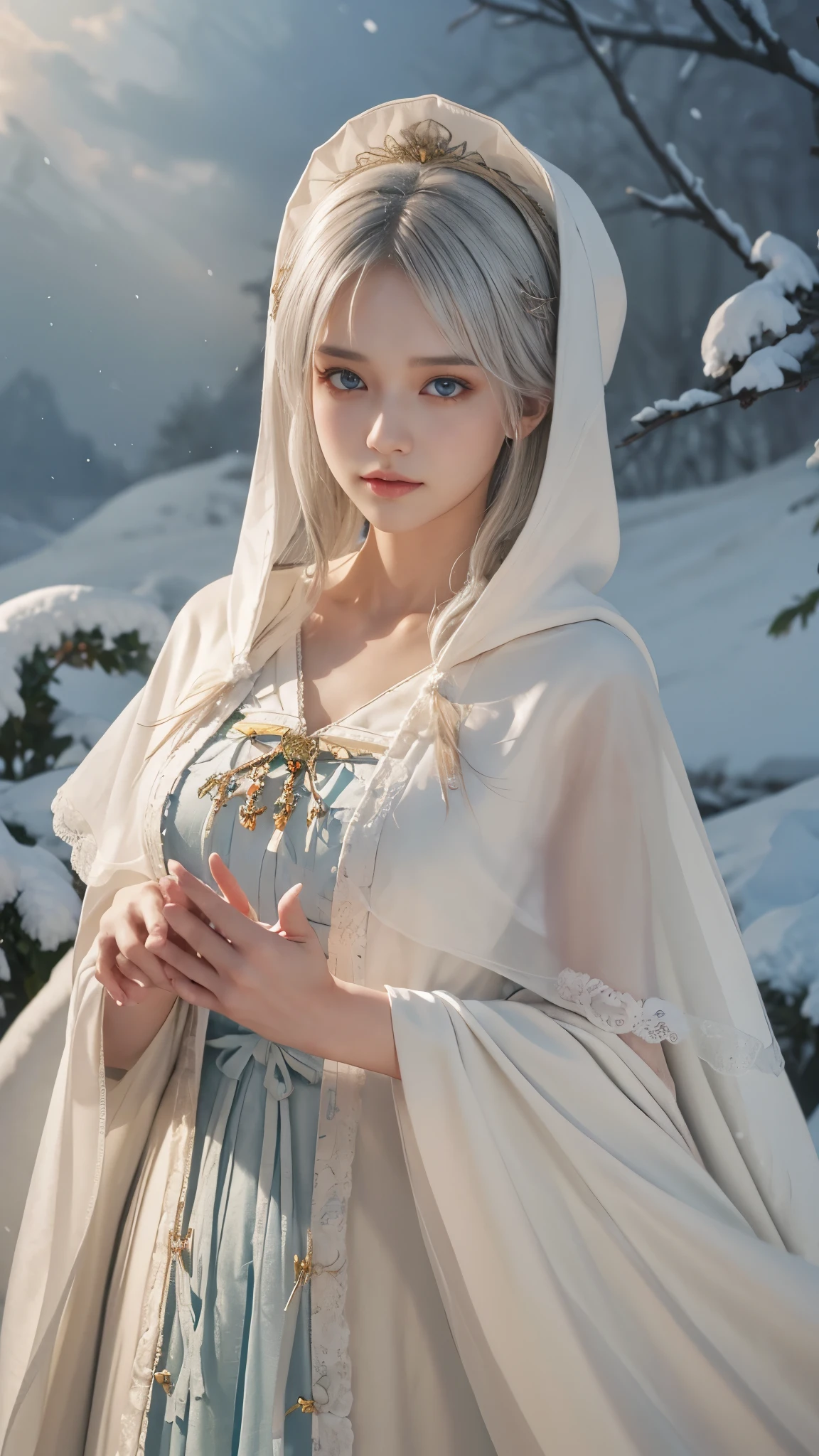 ((best qualtiy)), ((tmasterpiece)), (the detail:1.4), 3D,Ray traching,NVIDIA RTX,Hyper-Resolution,Unreal 5,Subsurface scattering、PBR Texture、post-proces、Anisotropy Filtering、depth of fields、maximum definition and sharpness、 high resolution,(Gorgeous Lolita costume)， Beautiful eyes, White hair, ringed eyes, (Cloak，snowfield，Heavy snowfall)