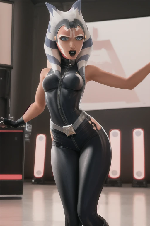 Ahsoka con black pantyhose, With your back to the viewer, thin and low blue heels, showed her ass covered by black pantyhose to the viewer, blue top, black pantyhose, perfect body of sexy model, looking strangely at the viewer