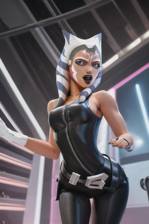 Ahsoka as a 20-year-old Pop Star, in high definition 3D, cyberpunk style, stylish, wearing black leather sleeveless clothes, blue-black leather pants with a silver zipper and belt below the waist, dancing and singing on stage