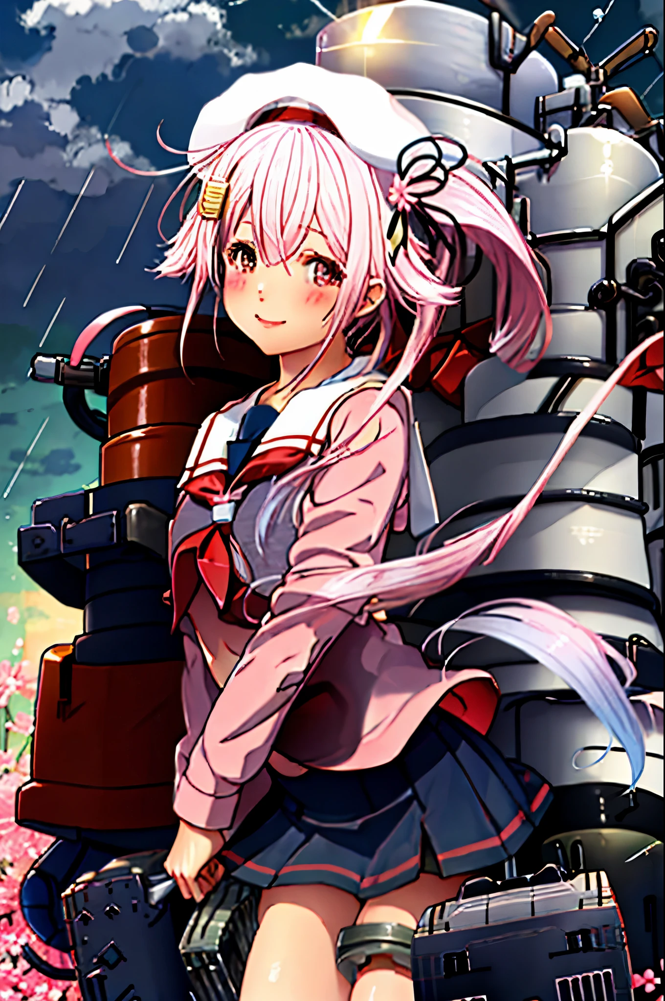 highest quality, masterpiece, High resolution, 1 girl, Spring rain (KanColle)(Spring rain 艦隊これくしょん:1.15), brown hair, red eyes,  smile, slender body, full body figure,pink hair, side ponytail, (black sailor uniform), pleated skirt, classroom background, slender body, full body figure, 