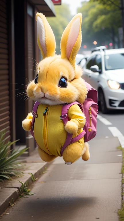 Cute little yellow rabbit,Carrying a small backpack,Let's jump together