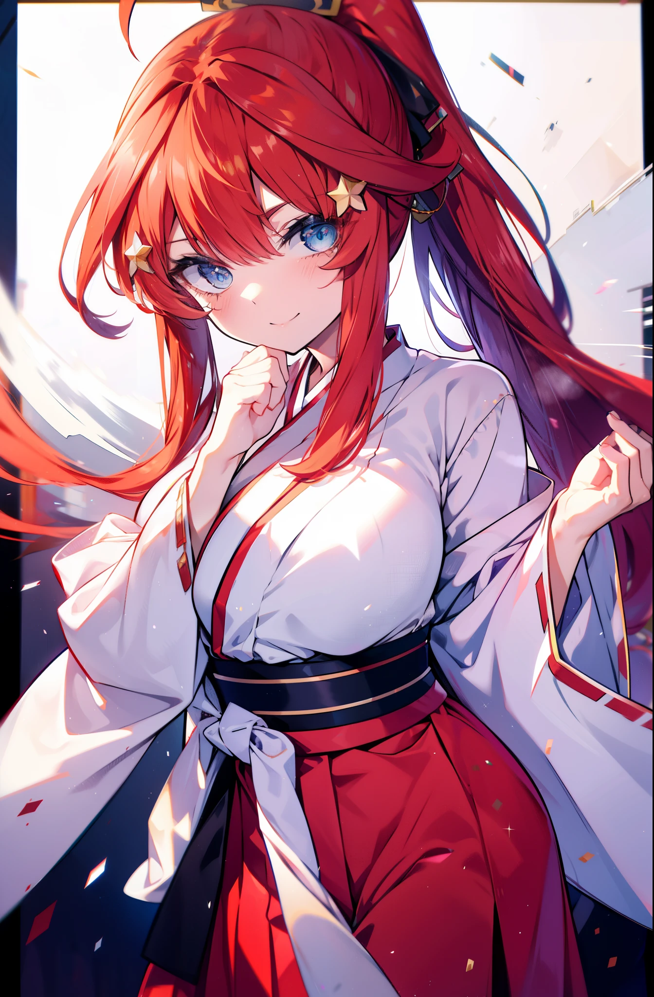 itsukinakano, itsuki nakano, bangs, blue eyes, hair between eyes, Ahoge, redhead, star \(symbol\), hair ornaments, star hair ornaments,happy smile, smile, open your mouth,Platycodon,Miko, white kimono,red hakama, kimono, same as skirt, wide sleeve, long sleeve, ribbon trim sleeves, There is a lot of food on the table, トレイ in one hand,
very long hair, 鈍いbangs, low ponytail,
break indoors, China Hotel,
break looking at viewer, (cowboy shot:1.5),
break (masterpiece:1.2), highest quality, High resolution, unity 8k wallpaper, (figure:0.8), (detailed and beautiful eyes:1.6), highly detailed face, perfect lighting, Very detailed CG, (perfect hands, perfect anatomy),
