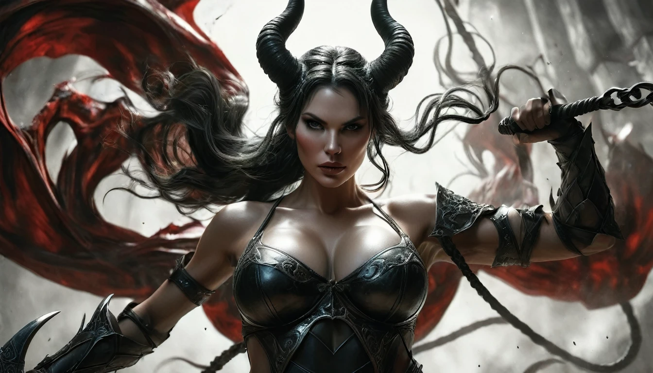 (((skulls on the ground))), (((Make a blood sacrifice))), (carnage:1.5),(black and white demoness:1.5),(beautiful female model:1.5), (((Large breast:2.0))), (((Nude))), Bare breaast, beautiful nipples, (demoness with Large horns:1.25),(1 super muscular with flayed skin:1.5),  (perfect anatomy:1.5), high detail, best quality, masterpiece, finely detail, realistic skin texture, insanely detailed, intricate, glowing white eyes, dark hair, glowing white background, holding whip, hair bun, beautiful female face, white skin. black and white demoness:1.5, Hyperrealism, breathtaking, ultra realistic, ultra detailed,85 mm art lens, f 1.2, sharp focus, 8 k high definition, wide-angle, ultra details, ultra detailed photo of a black and white demoness, Hyperrealism, breathtaking, ultra realistic, ultra detailed, cinematic lighting,  photography, stunning environment, wide-angle, , medieval, Dark room, low key light, Masterpiece, Realistic, 
