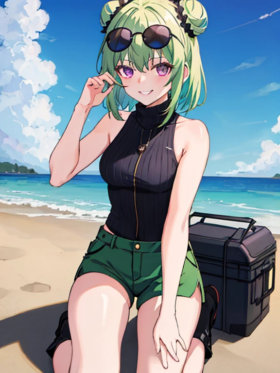 (highres), (best quality),1 girl, alone, medium hair, pastel green hair, twin buns, villain smile, violet eyes, round black sunglasses on head, beach, black sleeveless turtleneck top, green shorts, dark brown boots