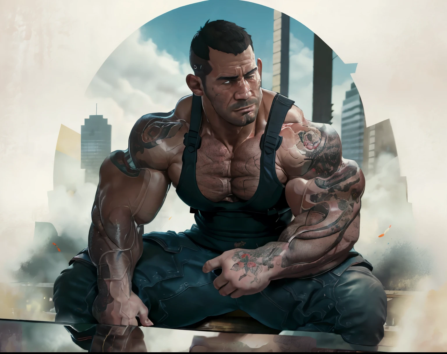 Chris Redfield, alone, young man, short hair,  1 guy, sitting, male focus, pants, tattooed, japanese tattoos, muscular, facial hair, frown,  thick eyebrows, tank top, pecs, muscular male, bara, large pecs, sideburns, mature male, moustache, chest hair, pectoral cleavage, arm hair, hairy,
