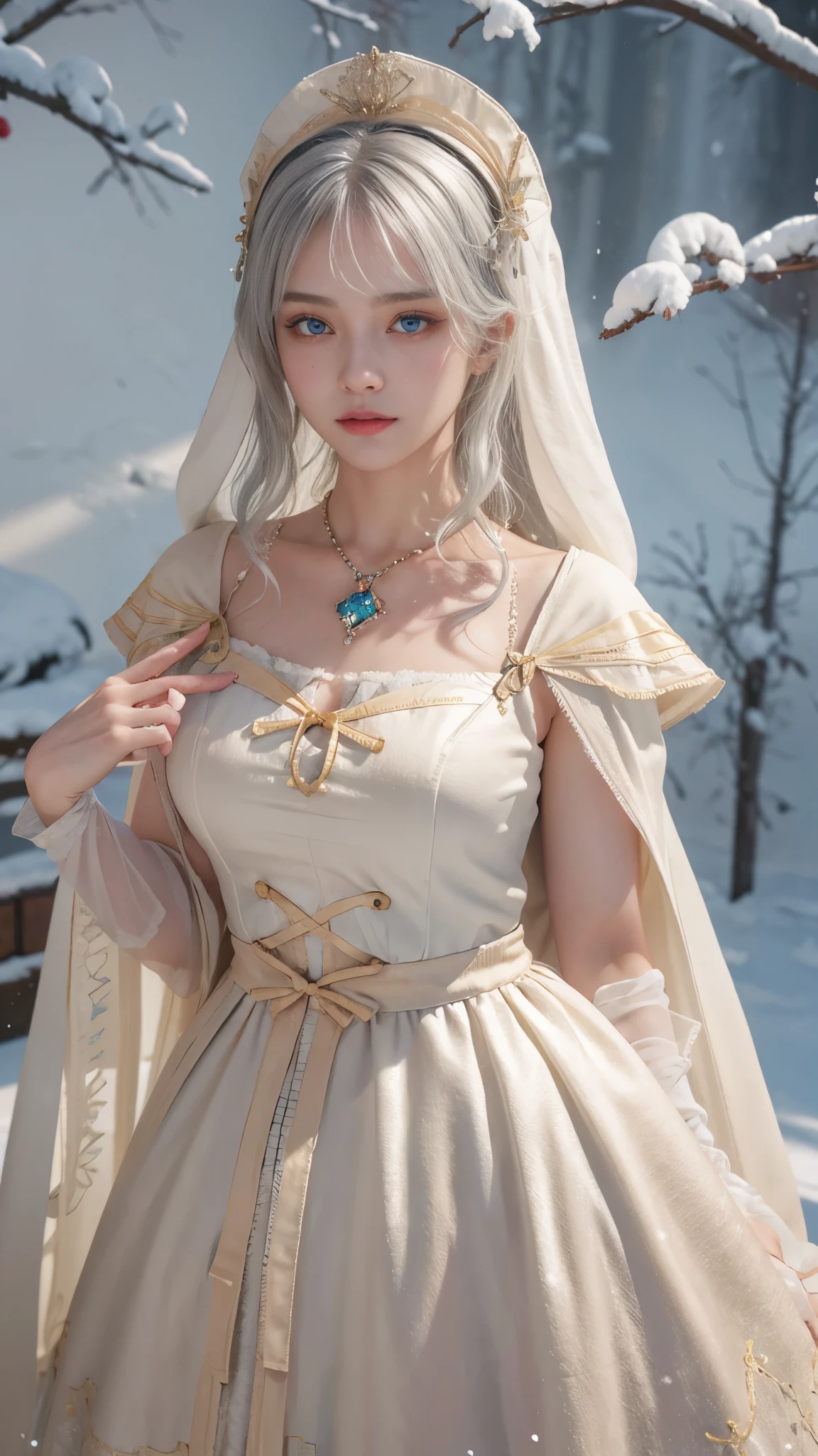 ((best qualtiy)), ((tmasterpiece)), (the detail:1.4), 3D,Ray traching,NVIDIA RTX,Hyper-Resolution,Unreal 5,Subsurface scattering、PBR Texture、post-proces、Anisotropy Filtering、depth of fields、maximum definition and sharpness、 high resolution,(Gorgeous ta costume), Beautiful eyes, White hair, ringed eyes, (Cloak,snowfield,Heavy snowfall)