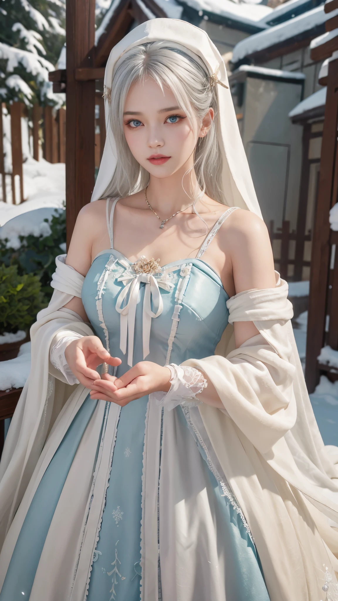 ((best qualtiy)), ((tmasterpiece)), (the detail:1.4), 3D,Ray traching,NVIDIA RTX,Hyper-Resolution,Unreal 5,Subsurface scattering、PBR Texture、post-proces、Anisotropy Filtering、depth of fields、maximum definition and sharpness、 high resolution,(Gorgeous Lolita costume)， Beautiful eyes, White hair, ringed eyes, (Cloak，snowfield，Heavy snowfall)