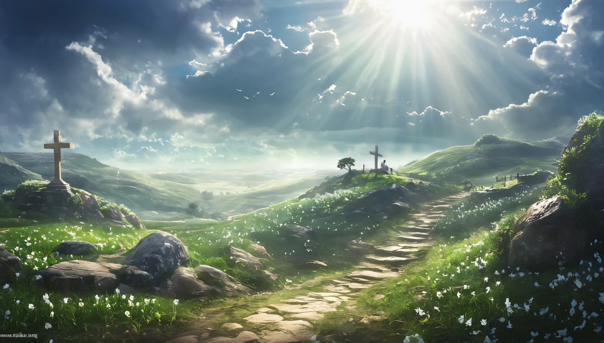 Use a scene full of life and hope as the cover，Highlight the significance of resurrection and the eternal hope it brings。