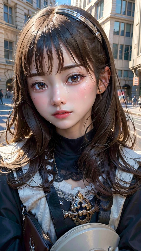 (8K, highest quality, masterpiece: 1.2), Super detailed, super resolution, high detailed beautiful girl, at a city hall, ((Crying a lot)), Holding the head, detailed face, very fine eyes, very fine skin, very small nose, highly detailed mouth, perfect anatomy, beautiful eyes.