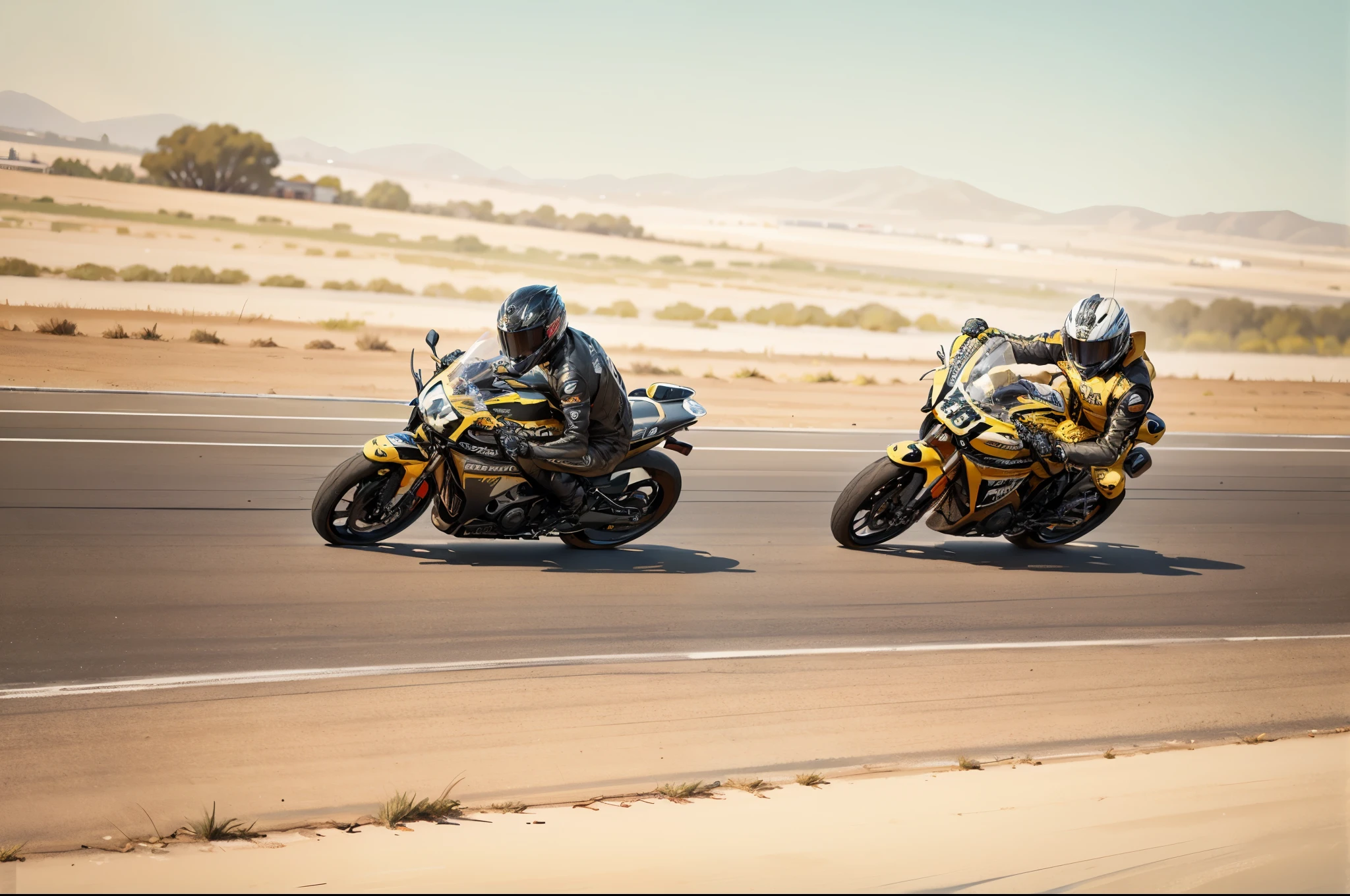 there are two people riding motorcycles on a race track, race, racing, on a racetrack, wide shot!!!!!!, sf, kelogsloops and greg rutkowski, at racer track, on a street race track, center straight composition, panning shot, a head-on, california;, round about to start, greg rutwoski