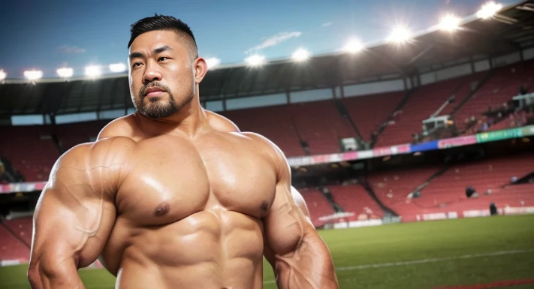 (at rugby ground:1.4), 40's, Japanese man, Chinese man, Korean man, Taiwanese man, manly face, fat face, (round face:1.4), (monolid eyes:1.2), (buzz cut:1.4), very large and strong body, bulky body, beefy muscles, (bulging muscles:1.4), (very large pectoral muscles:1.4), (muscular arms:1.4), muscular abs, muscular legs, muscular back, brightens oily skin, master piece, (realistic:1.4), panorama, distant view