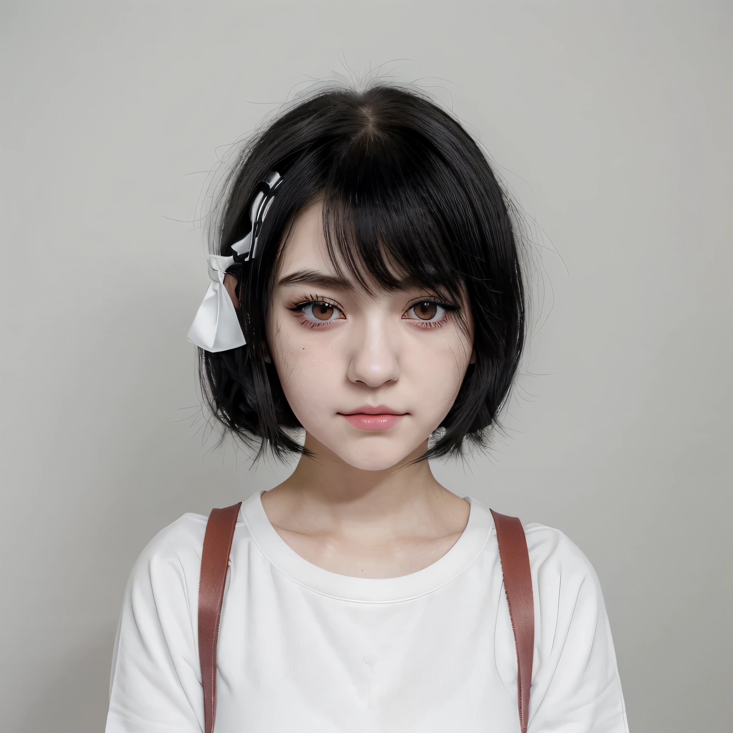 An anime girl with black hair and white skin, her face is serious, a small smile, a large, dark eyeliner line, she wears white school clothes, her nose is small and beautiful.