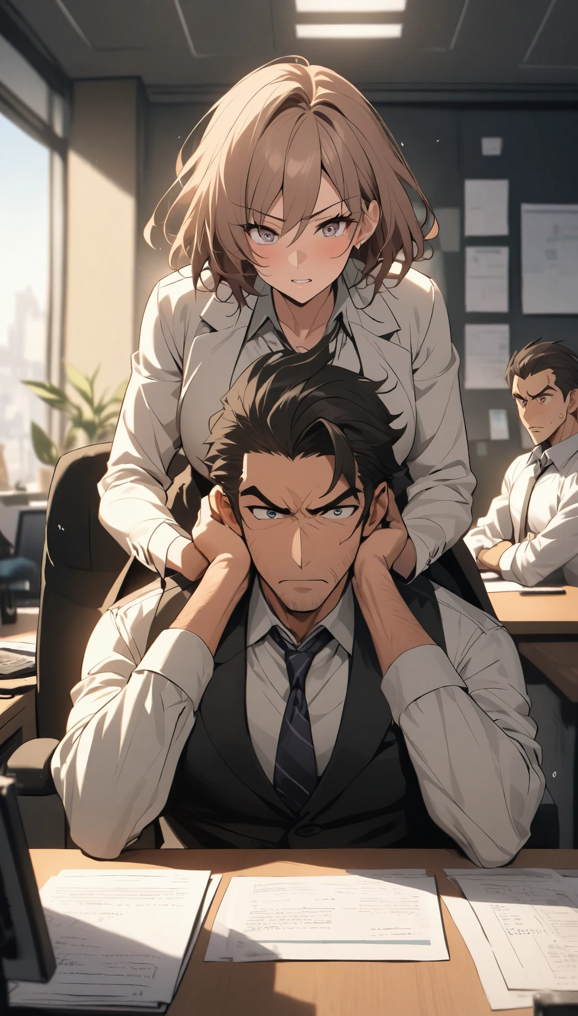 a {{middle-aged Male salesman}}, in office, accuse one {{Male salesman}}} and a {{feMale salesman}}