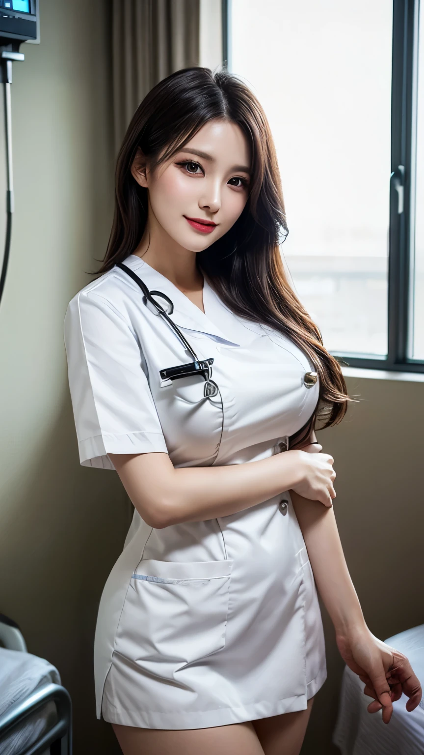 (1 Ultimate Beautiful Mature Nurse)、hyperdetailed face、Detailed lips、detailed eyes、double eyelids、((Black bob hair))、(nurse's uniform:1.3)、(Glamorous body)、(Huge breasts)、smile、thighs thighs thighs thighs, Perfect fit, Perfect image realism, Background with: (Hospital Patient Rooms:1.2), Cowboy Shot, Meticulous background with, detailed costume, Perfect litthing、Hyper-Realism、(Photorealsitic:1.4)、8K maximum resolution, (​masterpiece), highly detailed, Professional