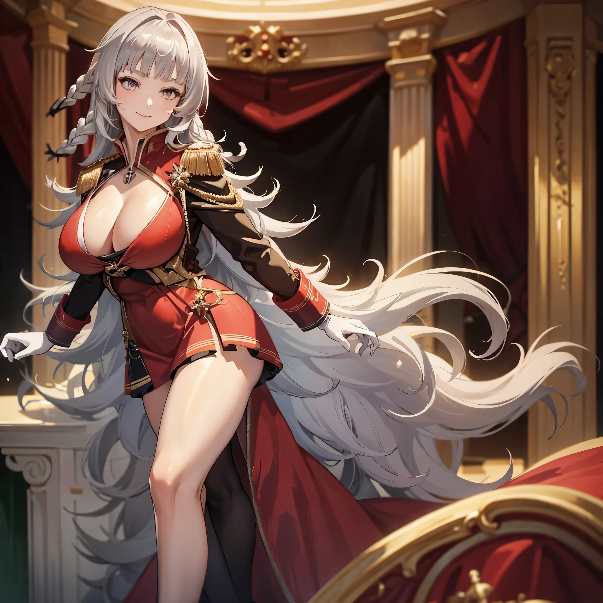A woman wearing a sexy red dress with gold details, red heels, silver hair, silver eyes, big breasts, smiling in a pizzeria,HDR, very detailed, ultra resolution, masterpiece. 8k hd.