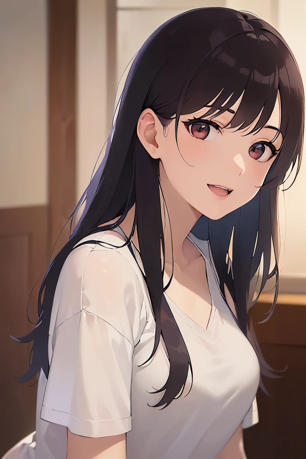 side angle, (leaning forward:1.5), Upper Body, Realistic, real person, (pale skin: 1.2), RAW photo, photorealistic, portrait photography, shiny skin, japanese idol、shiny hair、(25 year old woman with medium hair with bangs) and (wavy hair) and (brown hair) and (orange eyes) , plain white t-shirt 、(smile:1.2), open mouth, embarrassed、The background is the living room、Alone、Are standing