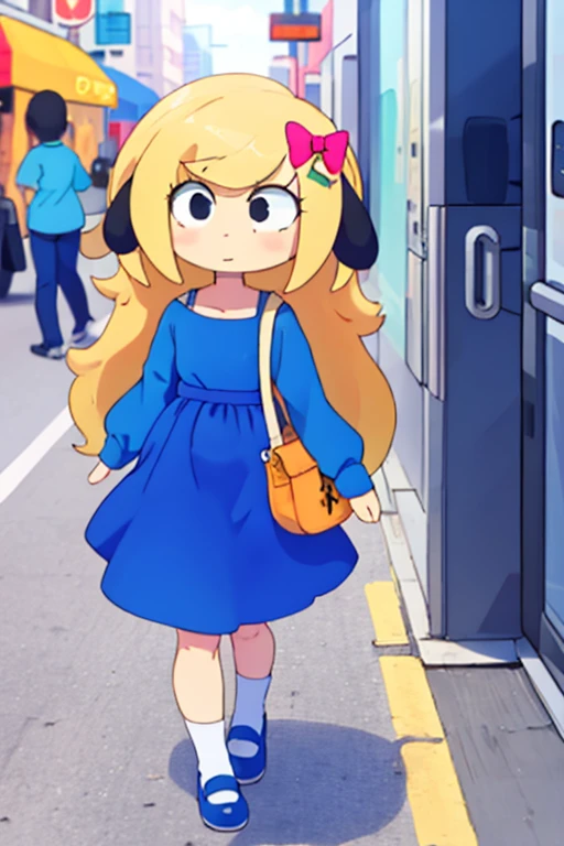 1girl,blue dog ears blue dress White socks black shoes black eyes blonde hair  blue bow