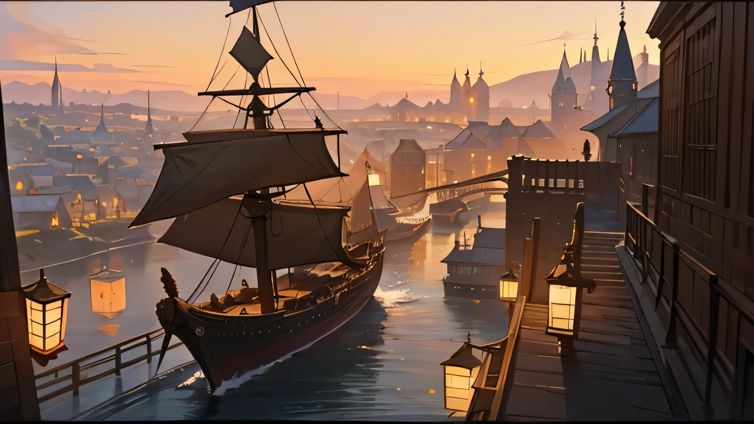 A bustling medieval port city at sunset, inspired by the works of J.R.R. Tolkien and medieval tapestries, filled with intricate wooden ships, glowing lanterns, bustling merchants, and mystical creatures, highly detailed, warm color palette, fantasy setting