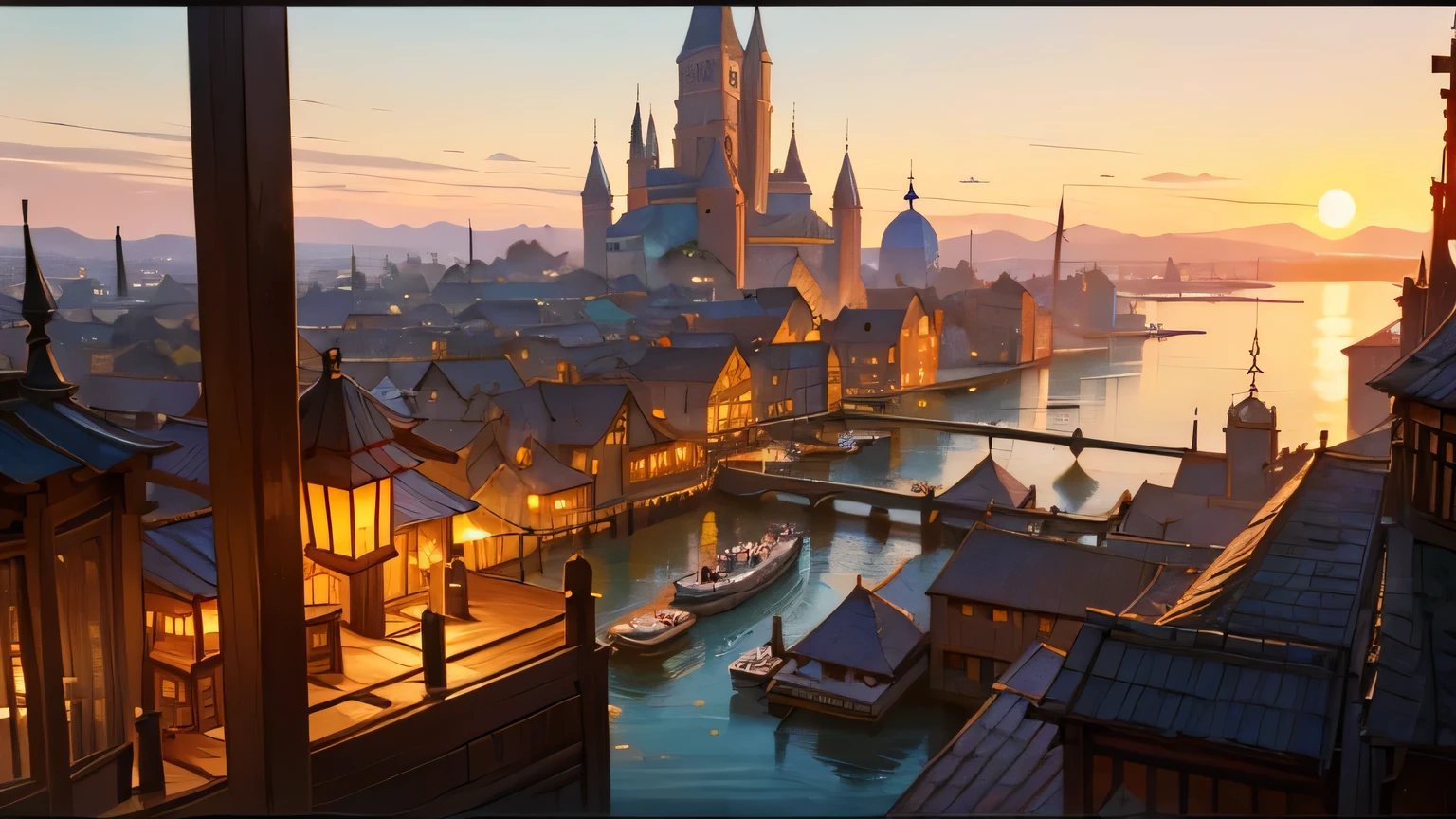 A bustling medieval port city at sunset, inspired by the works of J.R.R. Tolkien and medieval tapestries, filled with intricate wooden ships, glowing lanterns, bustling merchants, and mystical creatures, highly detailed, warm color palette, fantasy setting