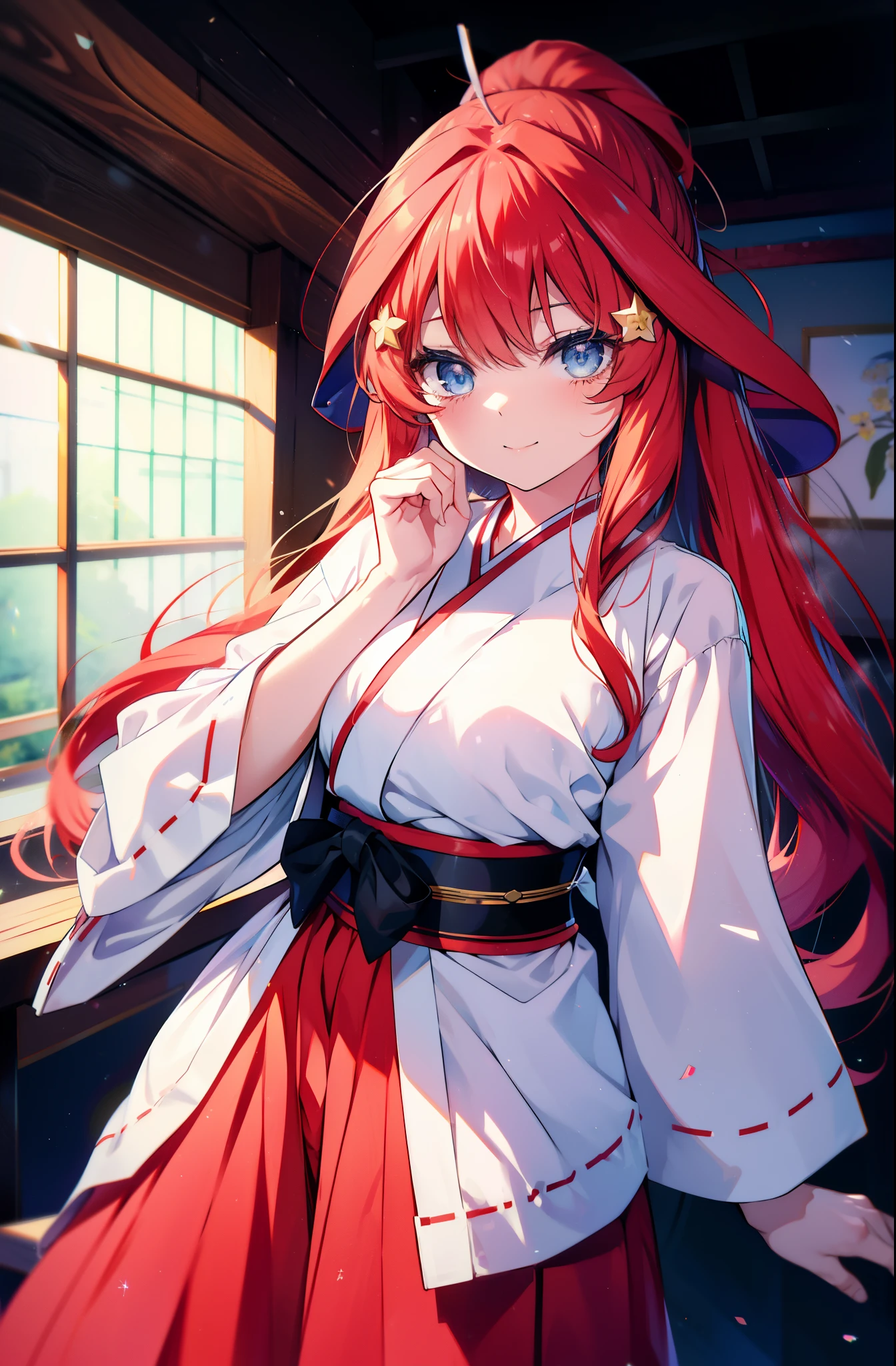 itsukinakano, itsuki nakano, bangs, blue eyes, hair between eyes, Ahoge, redhead, star \(symbol\), hair ornaments, star hair ornaments,happy smile, smile, open your mouth,Platycodon,Miko, white kimono,red hakama, kimono, same as skirt, wide sleeve, long sleeve, ribbon trim sleeves, food is placed on the table, トレイ in one hand,
very long hair, 鈍いbangs, low ponytail, 
break indoors, Japanese Restaurant,
break looking at viewer, (cowboy shot:1.5),
break (masterpiece:1.2), highest quality, High resolution, unity 8k wallpaper, (figure:0.8), (detailed and beautiful eyes:1.6), highly detailed face, perfect lighting, Very detailed CG, (perfect hands, perfect anatomy),