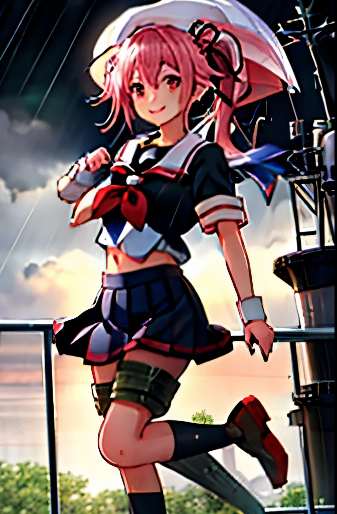 highest quality, masterpiece, High resolution, 1 girl, Spring rain (KanColle)(Spring rain 艦隊これくしょん:1.15), brown hair, red eyes,  smile, slender body, full body figure,pink hair, side ponytail, (black sailor uniform), pleated skirt, classroom background, slender body, full body figure, 