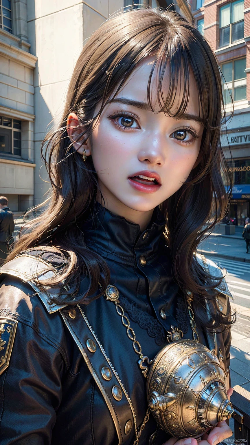 (8K, highest quality, masterpiece: 1.2), Super detailed, super resolution, high detailed beautiful girl, at a city hall, ((screaming realistic)), Holding the head, detailed face, very fine eyes, very fine skin, very small nose, highly detailed mouth, perfect ???????, beautiful eyes.