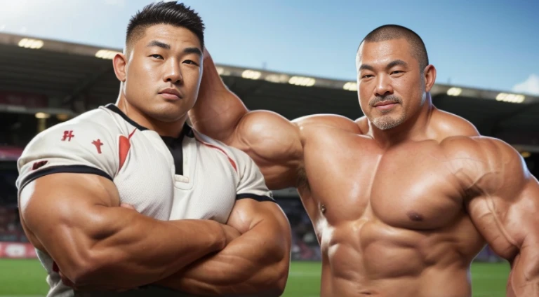 (at rugby ground:1.4), 40's, Japanese man, Chinese man, Korean man, Taiwanese man, manly face, fat face, (round face:1.4), (monolid eyes:1.2), (buzz cut:1.4), very large and strong body, bulky body, beefy muscles, (bulging muscles:1.4), (very large pectoral muscles:1.4), (muscular arms:1.4), muscular abs, muscular legs, muscular back, brightens oily skin, master piece, (realistic:1.4), panorama, distant view