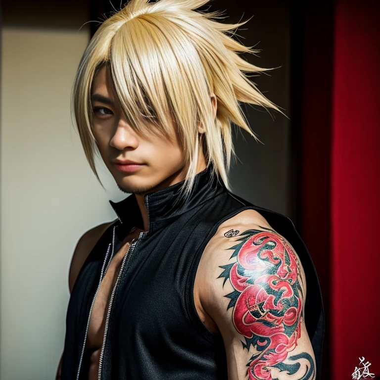 1 man, Japanese man, male, Asian eyes, muscular, broad shoulders, dragon tattoos, hairstyle Visual Kei style, hair Visual Kei, black men's shirt and black pants, ultra detailed face, hyperrealistic, realistic representation, long hair, long hair, 30 years old, age 30 years, blond, blonde hair