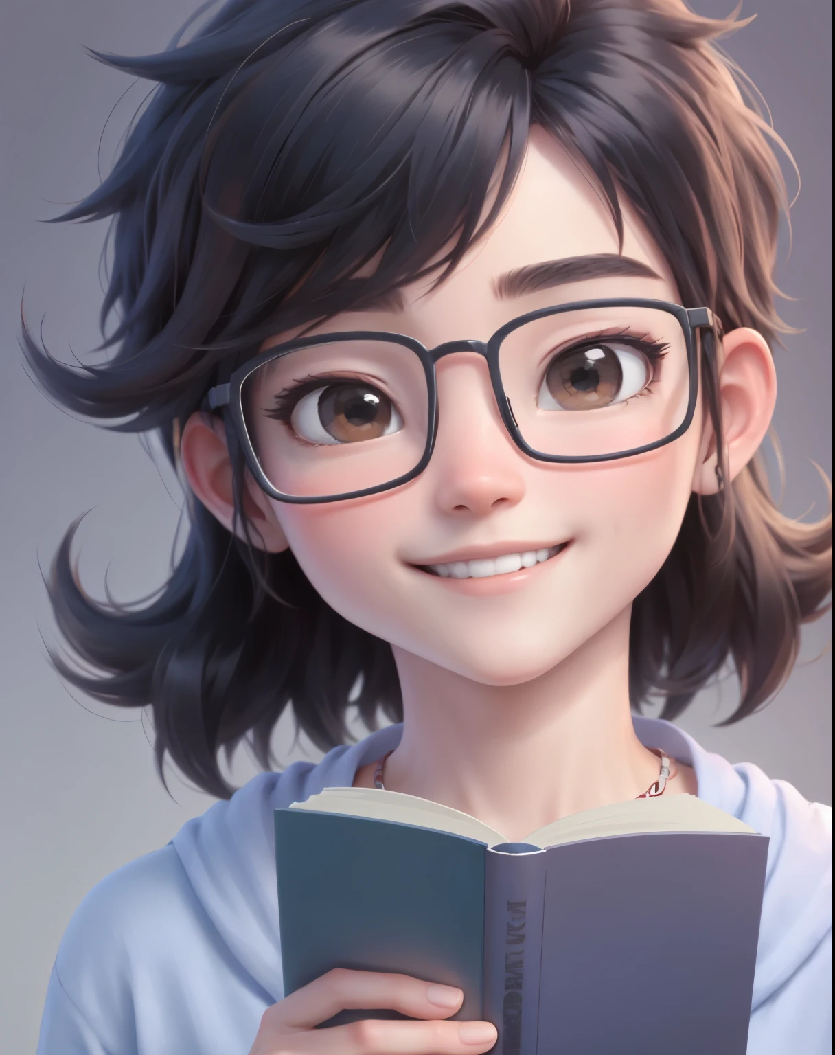 bestquality, 1 person read the book, bara, Cartoon Image , simple background,  I'm second to blog.., Wear glasses,Smiling joyfully