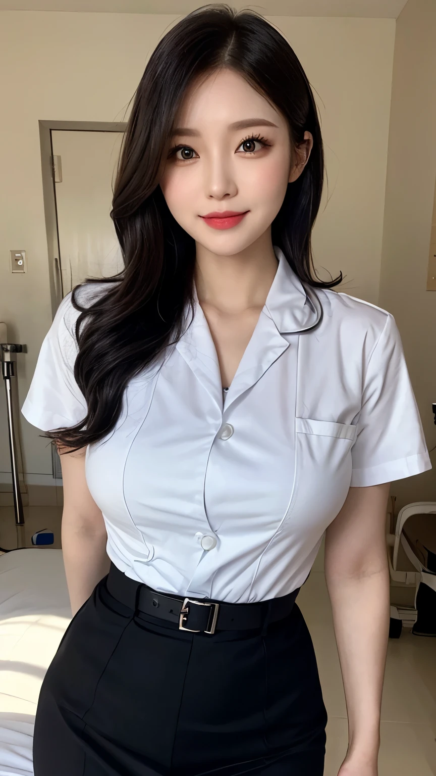 (ultimate beautiful wife)、16 years old、Ultra-detailed face、Detailed lips、(Big eyes:1.4)、double eyelid、Brunette long hair、With bangs、(Shy expression)、(White teeth)、(lips are parted)、Watching the audience、((Wearing a nurse's uniform:1.4))、((Large Breasts、Cleavage))、((Wide pelvis))、Thighs, thighs, thighs、(Cowboy Shot:1.3)、Perfect fit、Depth of written boundary、Perfect Image Realism、background:(subway))、A meticulous background、Detailed costume、 Perfect lighting、Hyperrealism、Photorealism、Maximum resolution 8K、(masterpiece)、Very detailed、professional