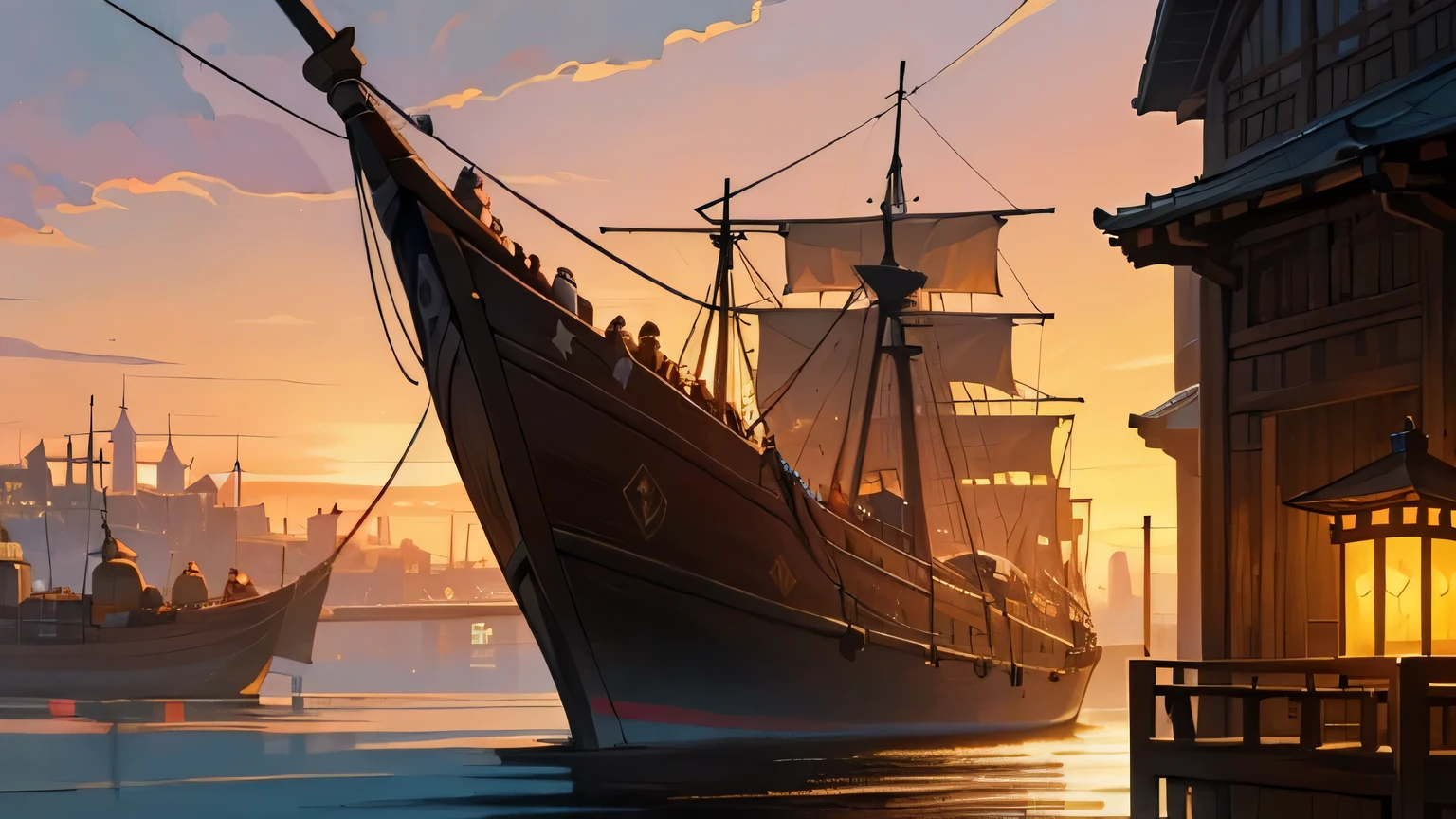 A bustling medieval port city at sunset, inspired by the works of J.R.R. Tolkien and medieval tapestries, filled with intricate wooden ships, glowing lanterns, bustling merchants, and mystical creatures, highly detailed, warm color palette, fantasy setting