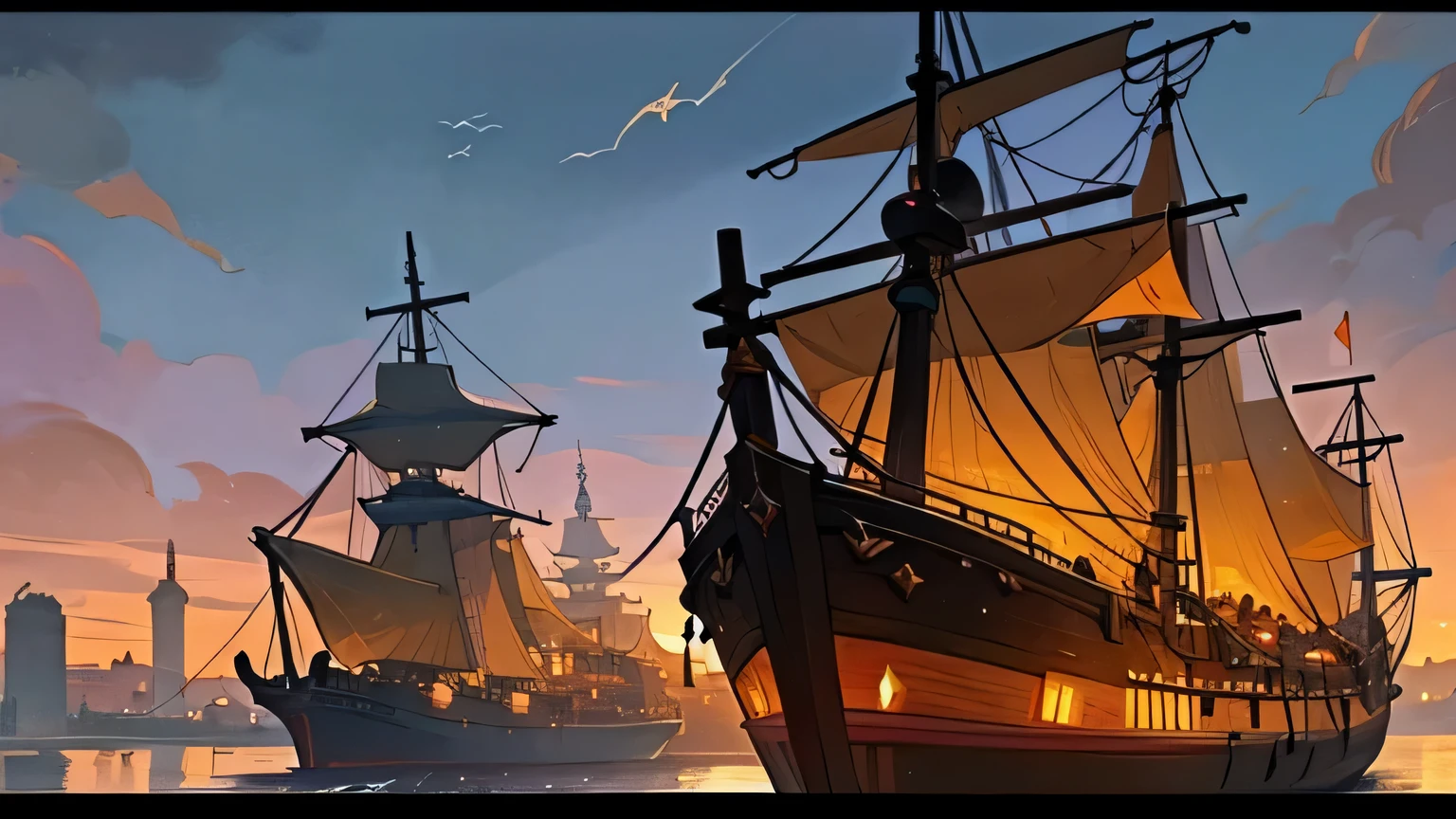 A bustling medieval port city at sunset, inspired by the works of J.R.R. Tolkien and medieval tapestries, filled with intricate wooden ships, glowing lanterns, bustling merchants, and mystical creatures, highly detailed, warm color palette, fantasy setting