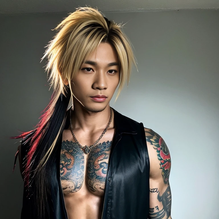 1 man, Japanese man, male, Asian eyes, muscular, broad shoulders, dragon tattoos, hairstyle Visual Kei style, hair Visual Kei, black men's shirt and black pants, ultra detailed face, hyperrealistic, realistic representation, long hair, long hair, 30 years old, age 30 years, blond, blonde hair