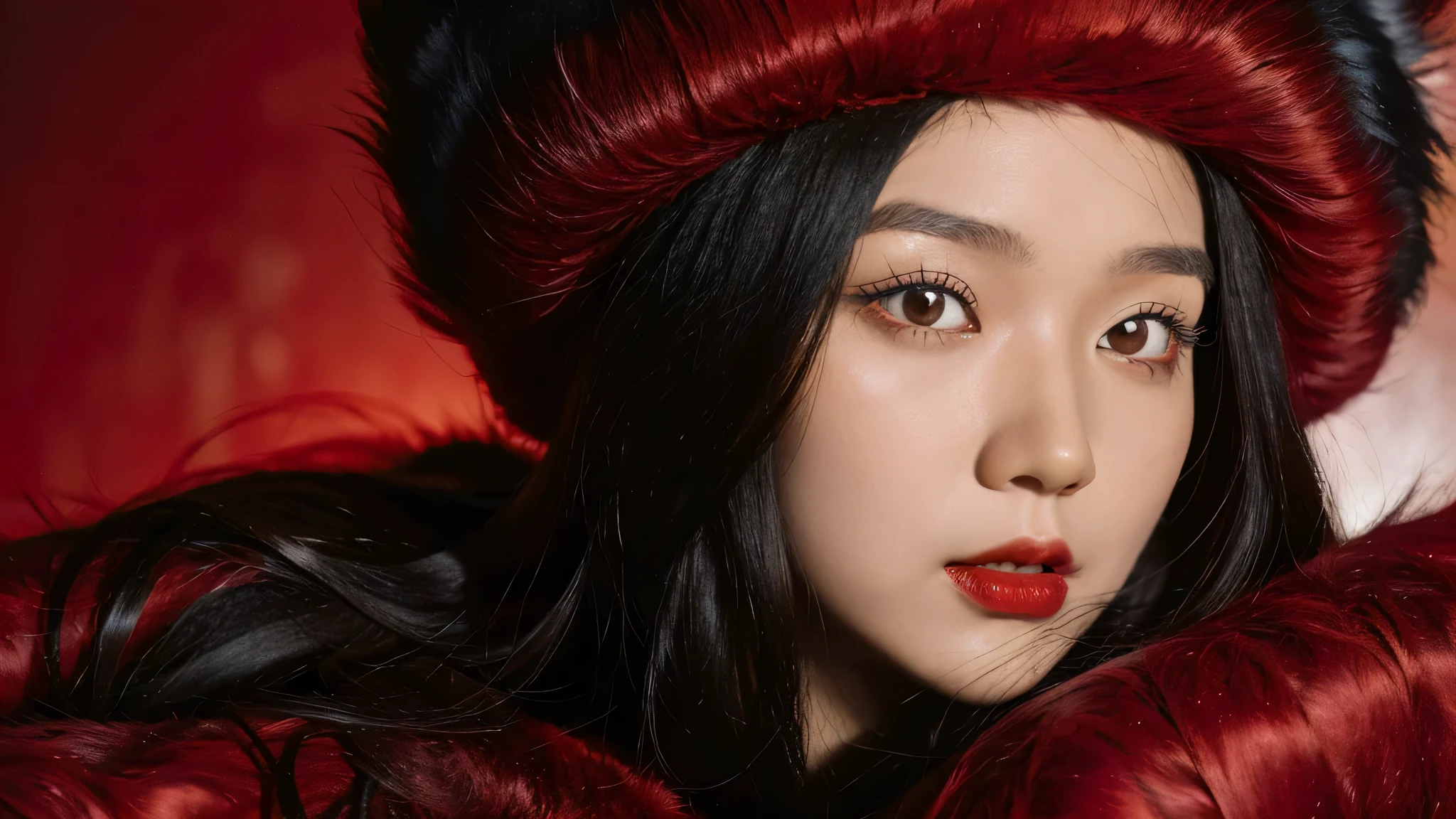 masterpiece, best quality, 1girl, red background, black hair, Long curly hair, face front, ((red fashion silk lone costume with red swirling vortexes pattern)), ((Red Plush Fur Hat)), emotional face, (close up portrait), make up, studio light, studio