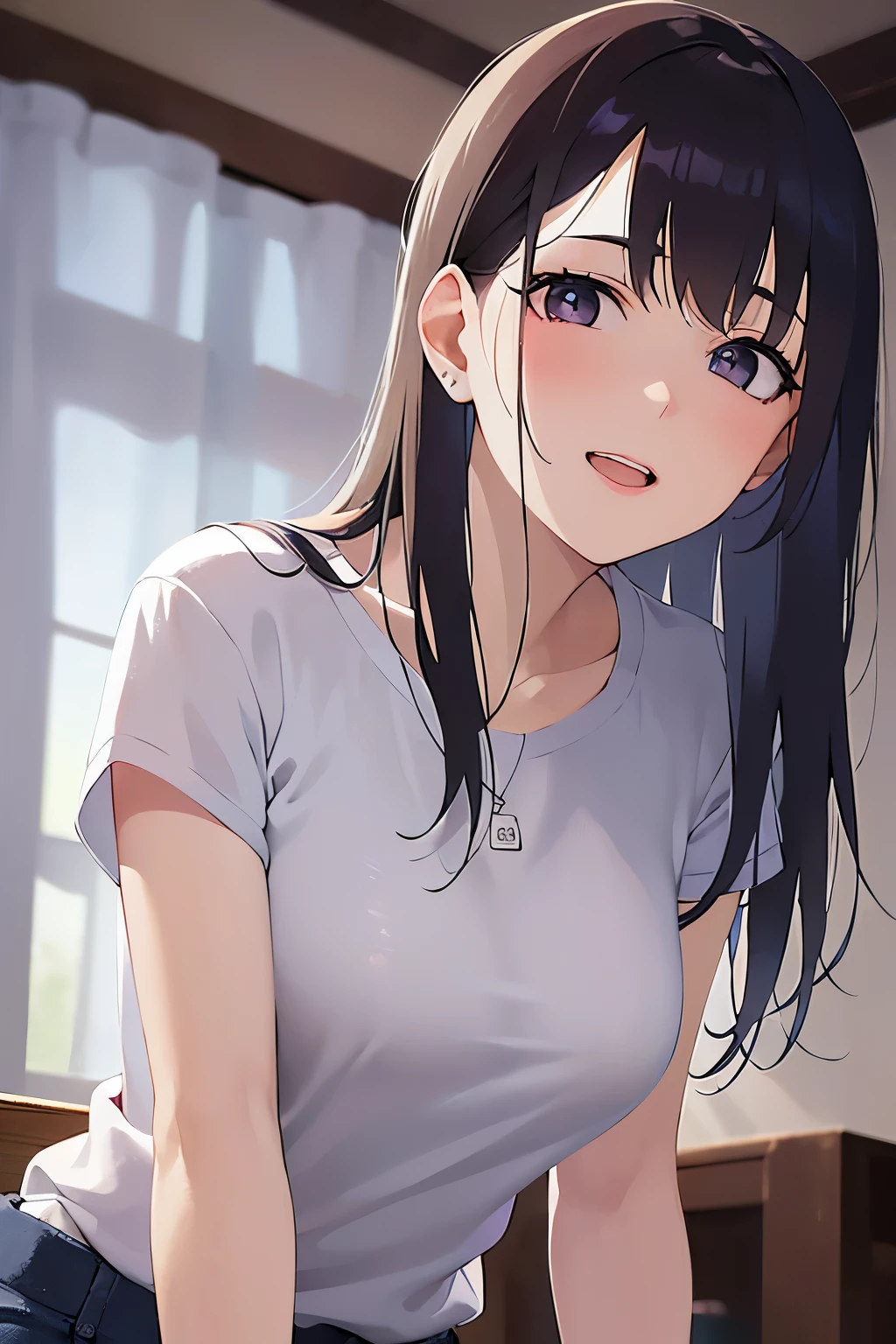 Hands on knees, (leaning forward:1.5), Upper Body, Realistic, real person, (pale skin: 1.2), RAW photo, photorealistic, portrait photography, shiny skin, japanese idol、shiny hair、(25 year old woman with medium hair with bangs) and (wavy hair) and (brown hair) and (orange eyes) , plain white t-shirt 、pink panties、(smile:1.2), open mouth, embarrassed、The background is the living room、Alone、Are standing