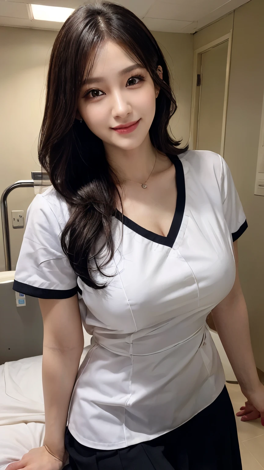 (1 Ultimate Beautiful Mature Nurse)、hyperdetailed face、Detailed lips、detailed eyes、double eyelids、((Black bob hair))、(nurse's uniform:1.3)、(Glamorous body)、(Huge breasts)、smile、thighs thighs thighs thighs, Perfect fit, Perfect image realism, Background with: (Hospital Patient Rooms:1.2), Cowboy Shot, Meticulous background with, detailed costume, Perfect litthing、Hyper-Realism、(Photorealsitic:1.4)、8K maximum resolution, (​masterpiece), highly detailed, Professional