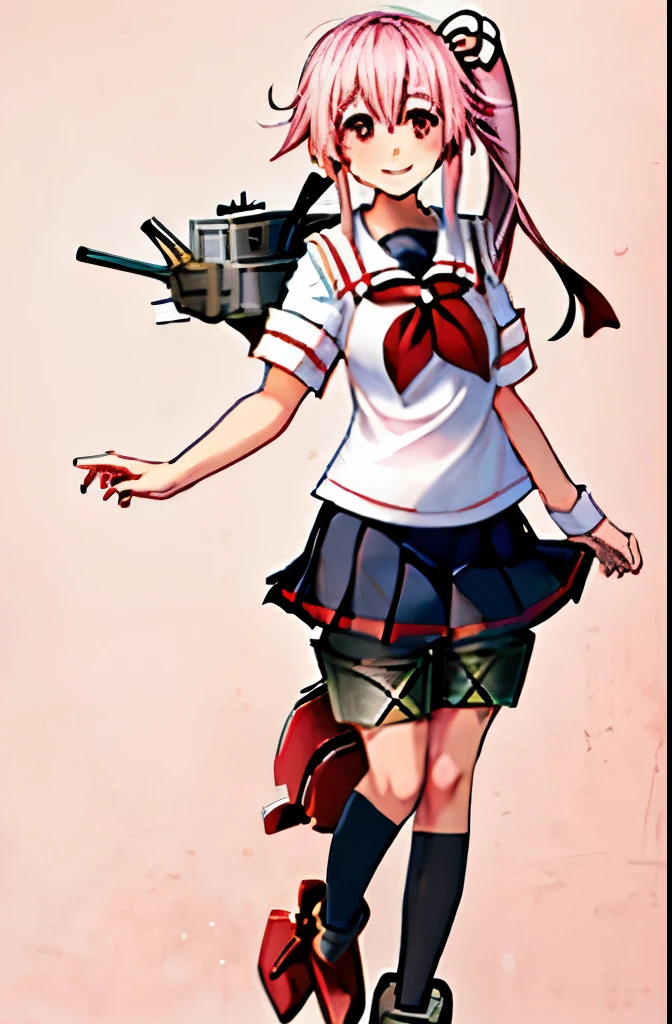 highest quality, masterpiece, High resolution, 1 girl, (KanColle)(harusame Kantai Collection:1.15), brown hair, red eyes, smile, slender body, full body figure,pink hair, side ponytail, (black sailor uniform), pleated skirt, classroom background, slender body, full body figure,