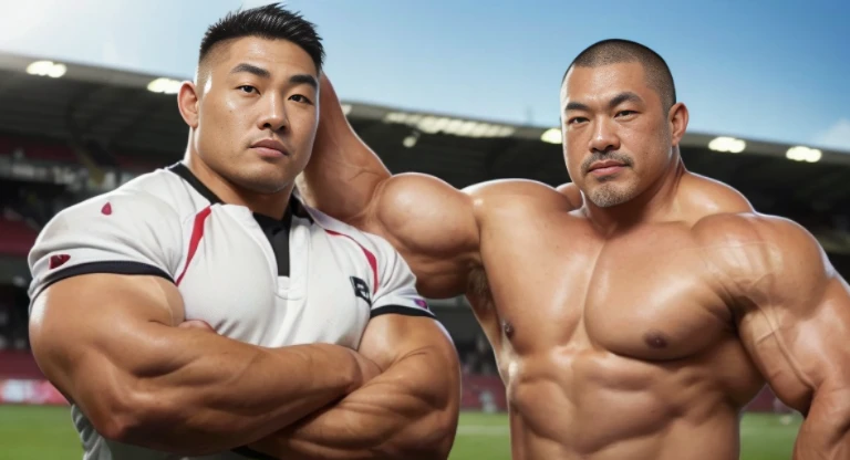 (at rugby ground:1.4), 40's, Japanese man, Chinese man, Korean man, Taiwanese man, manly face, fat face, (round face:1.4), (monolid eyes:1.2), (buzz cut:1.4), very large and strong body, bulky body, beefy muscles, (bulging muscles:1.4), (very large pectoral muscles:1.4), (muscular arms:1.4), muscular abs, muscular legs, muscular back, brightens oily skin, master piece, (realistic:1.4), panorama, distant view
